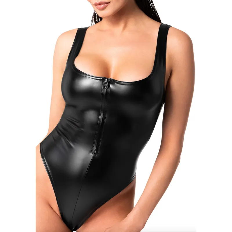 Wetlook Body F333 mit Frontreißverschluss schwarz - 3XL