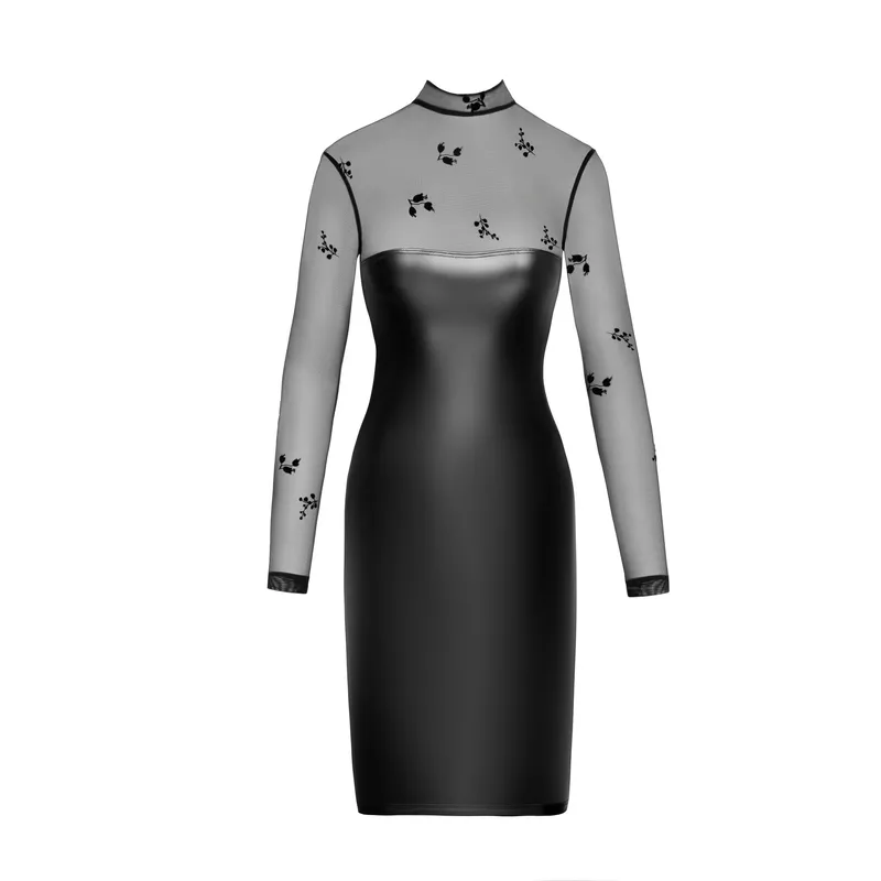Halblanges Powerwetlook Kleid F310 mit Tüll - 3XL