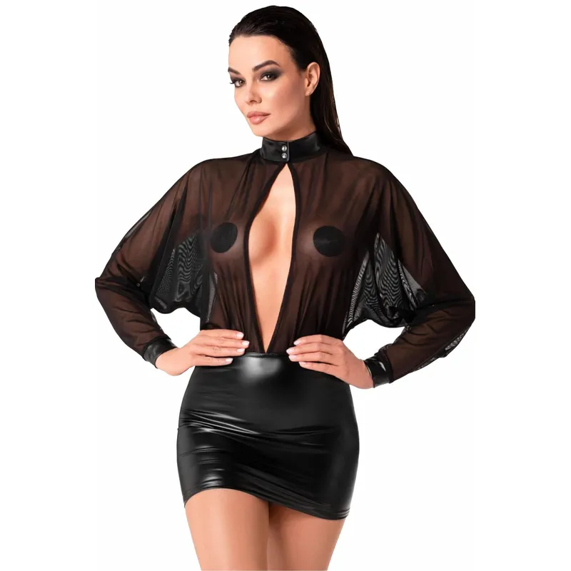 Tüll-Minikleid F348 mit Wetlook schwarz - 6XL