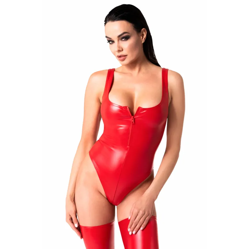 Wetlook Body F352 mit Frontreißverschluss rot - 3XL