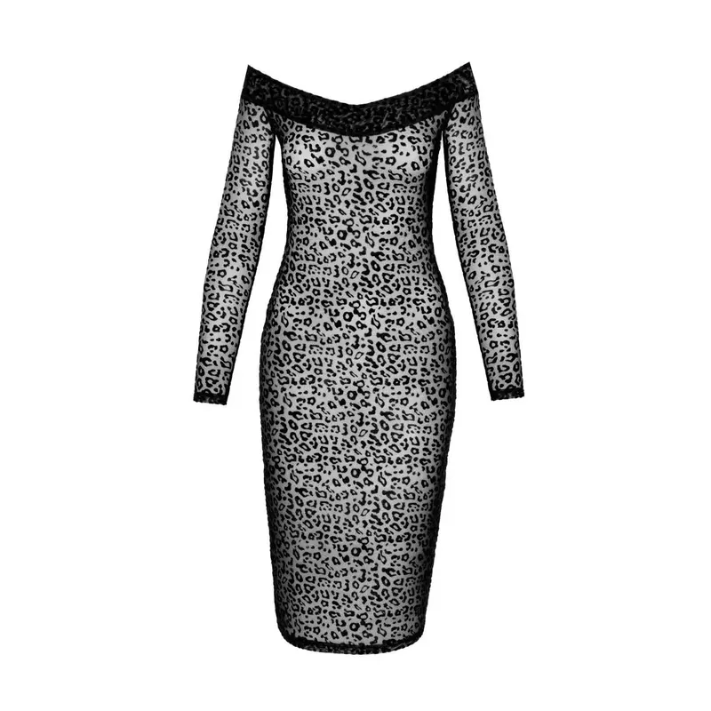 Midikleid F284 aus Leopardenflock und langen Ärmeln - 3XL