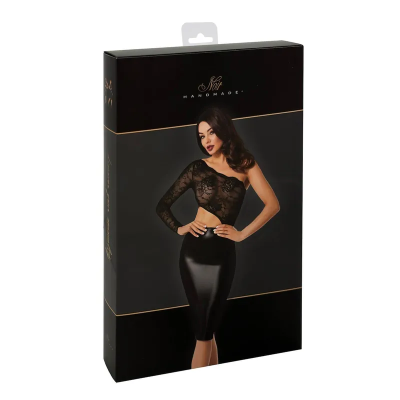 F339 halblanges Wetlook Kleid mit Spitze - M