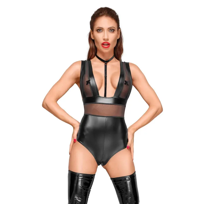 Powerwetlook Body F183 mit Tülleinsätzen und Choker aus zartem Samt - 3XL