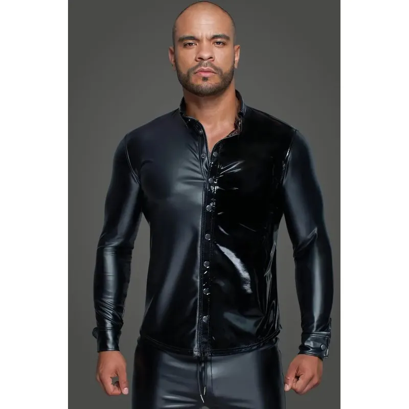 Langärmliges Powerwetlook & PVC Shirt mit Knopfleiste H064- 3XL