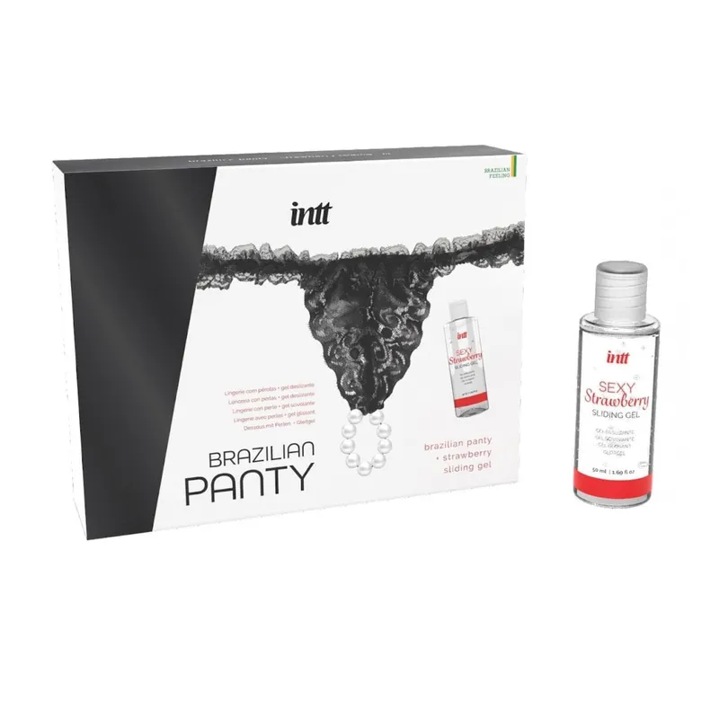 Intt Schwarzer String mit Perlen und Gleitgel Erdbeere - 50 ml