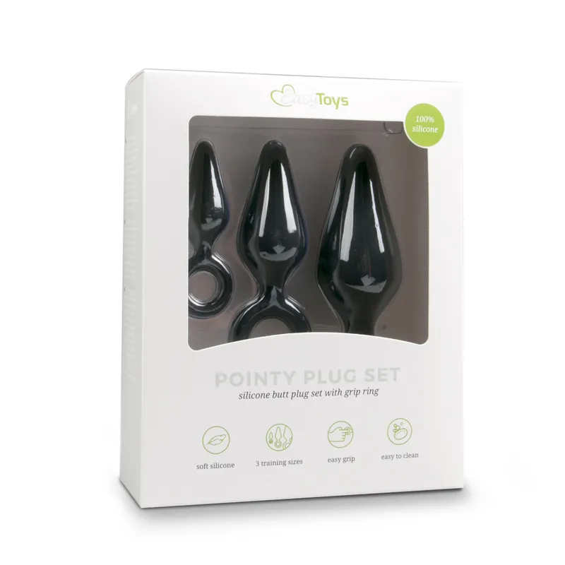 Schwarze Buttplugs mit Rückholring - Set