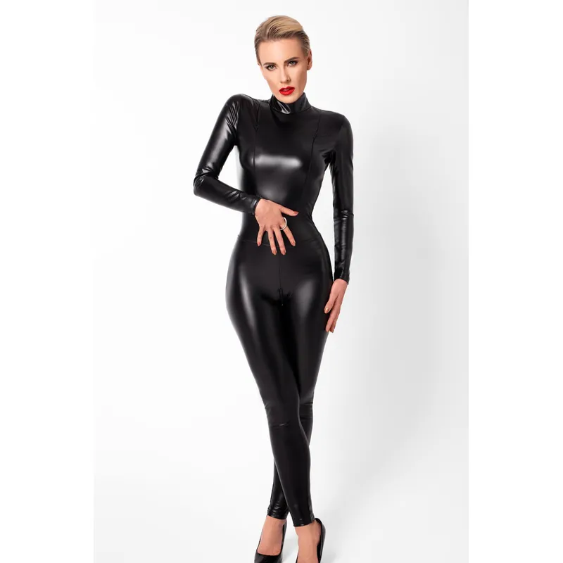 Powerwetlook Catsuit F319 mit Reißverschluss und Ring schwarz - 3XL
