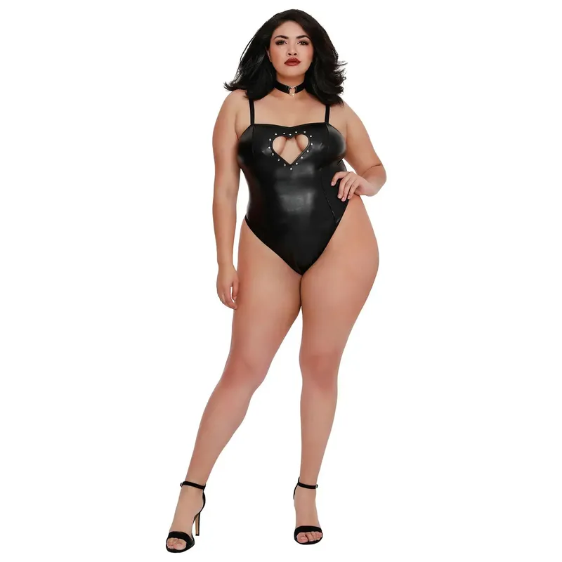 Body DR11782 mit Kunstlederhalsband schwarz Queen-Size
