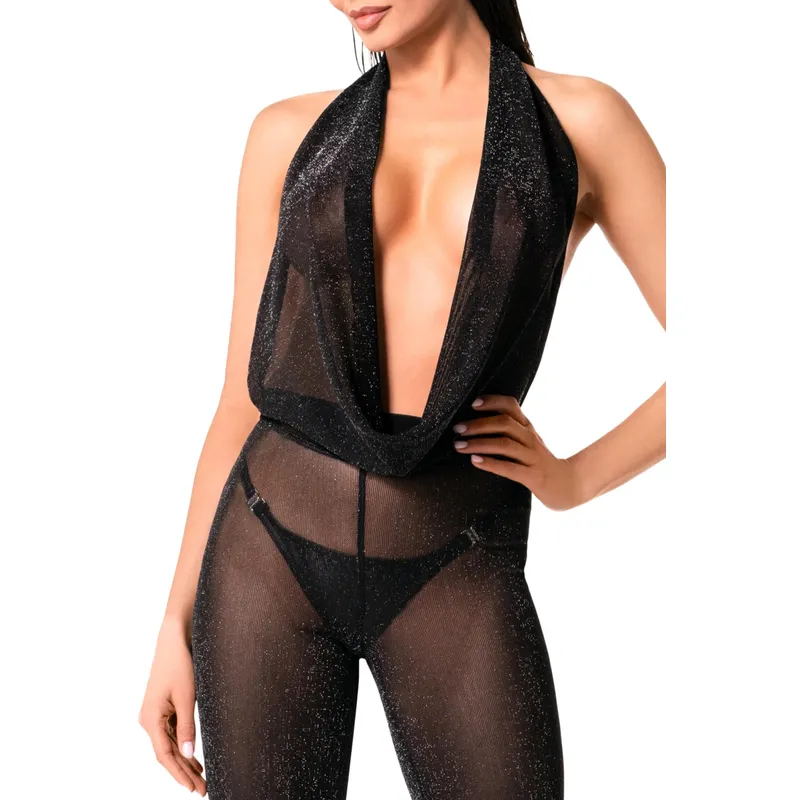 Bodystocking F350 mit Wasserfallausschnitt schwarz - 3XL