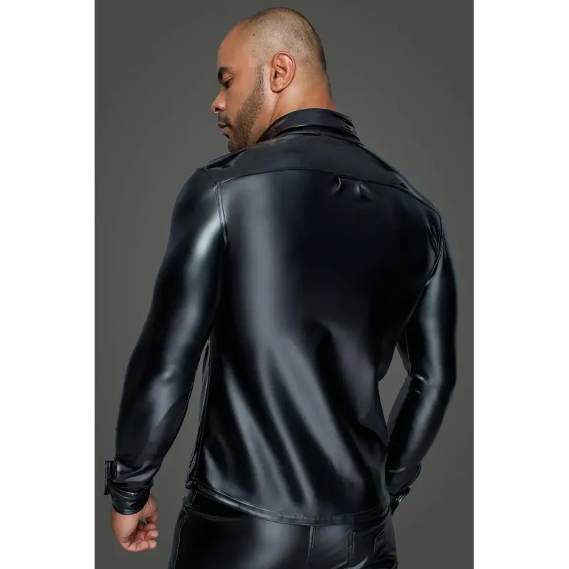 Langärmliges Powerwetlook & PVC Shirt mit Knopfleiste H064- 3XL