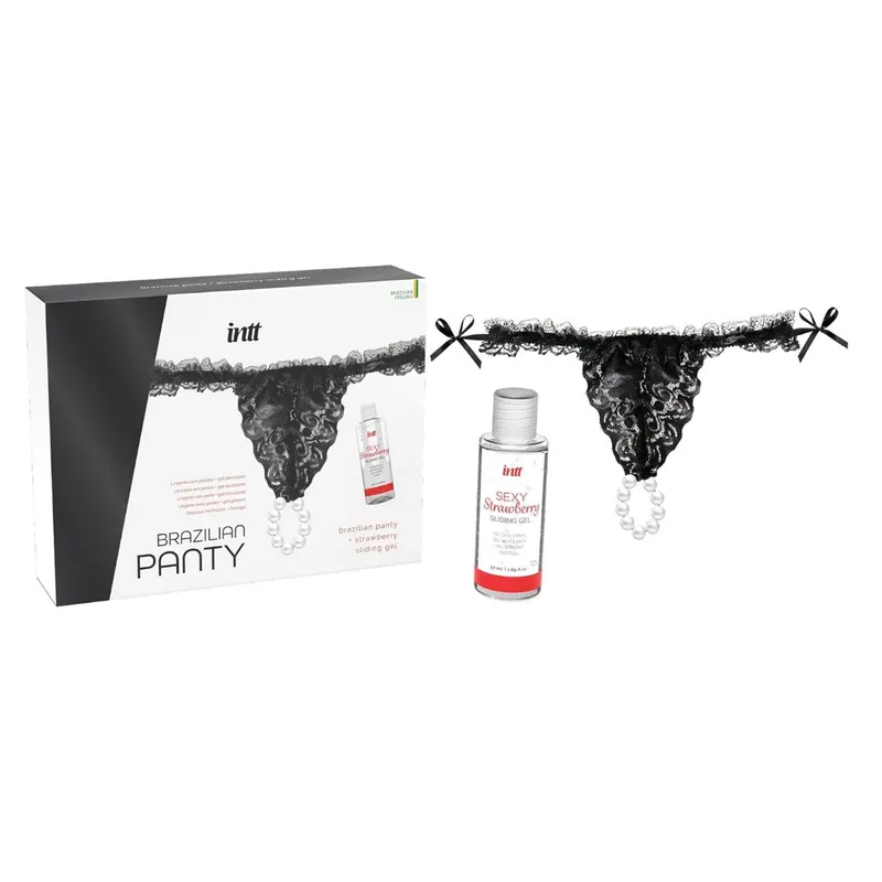 Intt Schwarzer String mit Perlen und Gleitgel Erdbeere - 50 ml