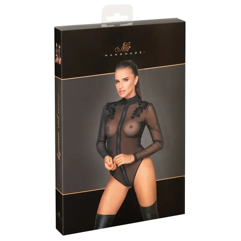 Tüll Body F221 mit Stickerei schwarz - 3XL