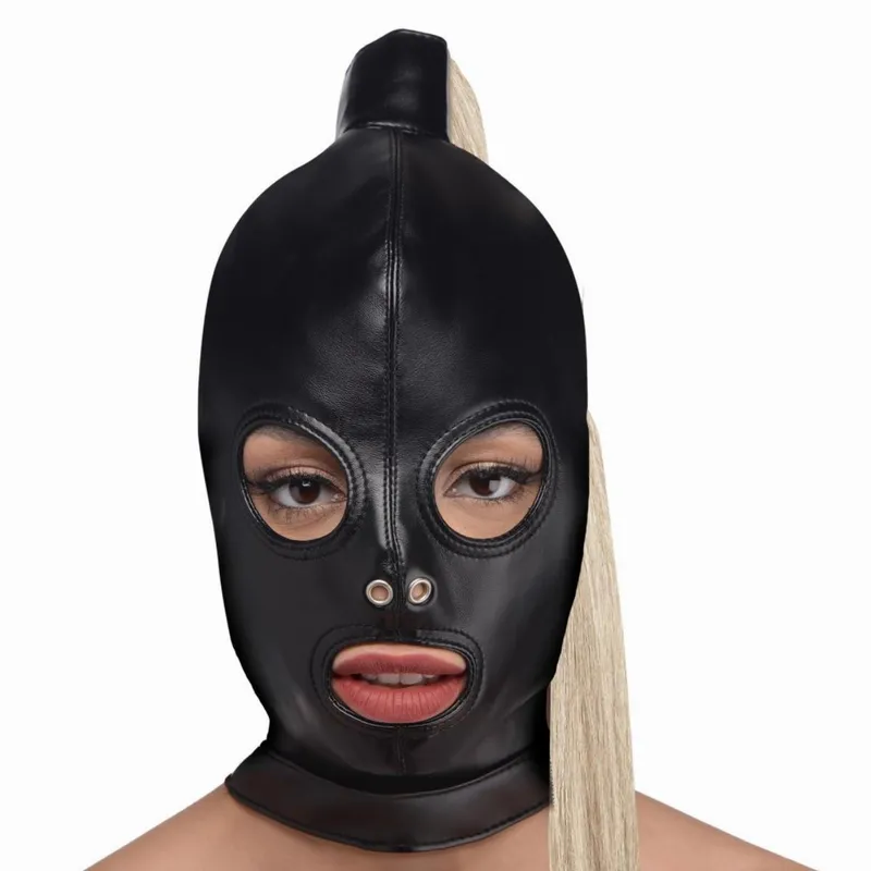 Blonde Pferdeschwanz Bondage Haube - Schwarz