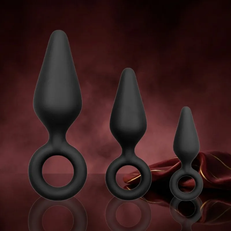 Schwarze Buttplugs mit Rückholring - Set